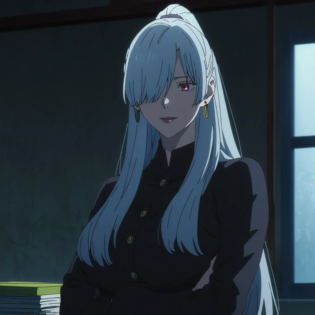 1girl, female gojo satoru, anime screencap from jujutsu kaisen, gojo satoru female version, solo, long_hair, Red eyes (silver_hair)), night view, (hanging breasts) upper_body, smile, indoors, book, red_eyes, lips, (high ponytail) ((wearing black colour clothes with button)) breast, "very detailed and high resolution" (Red eyes) (cross arms) ((long hair, hair over one eyes)) ((solo)) (front view) (earings) ((high resolution)) ((good quality)) ((side bangs))
