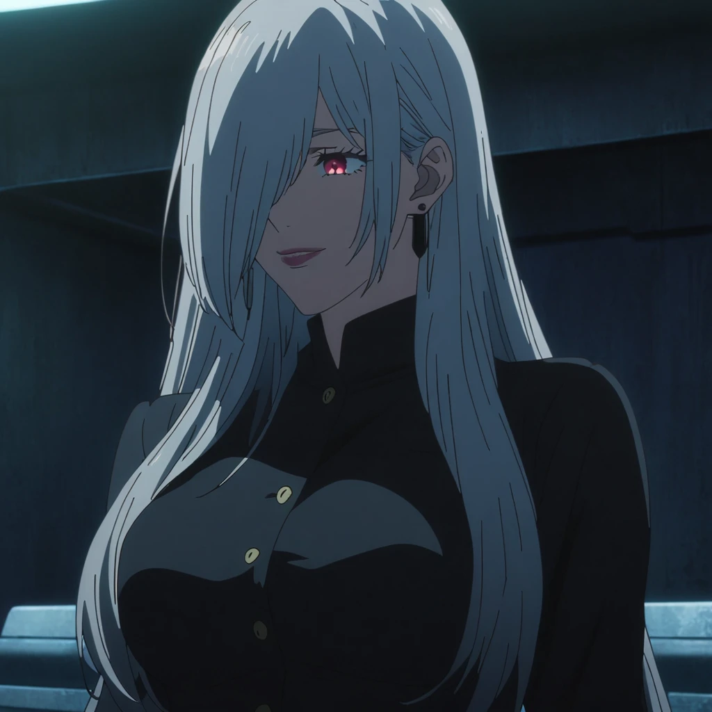 1girl, female gojo satoru, anime screencap from jujutsu kaisen, gojo satoru female version, solo, long_hair, Red eyes (silver_hair)), night view, (hanging breasts) upper_body, smile, indoors, book, red_eyes, lips, (high ponytail) ((wearing black colour clothes with button)) breast, "very detailed and high resolution" (Red eyes) (cross arms)  ((long hair, hair over one eyes)) ((solo)) (front view) (earings) ((high resolution)) ((good quality)) ((side bangs))