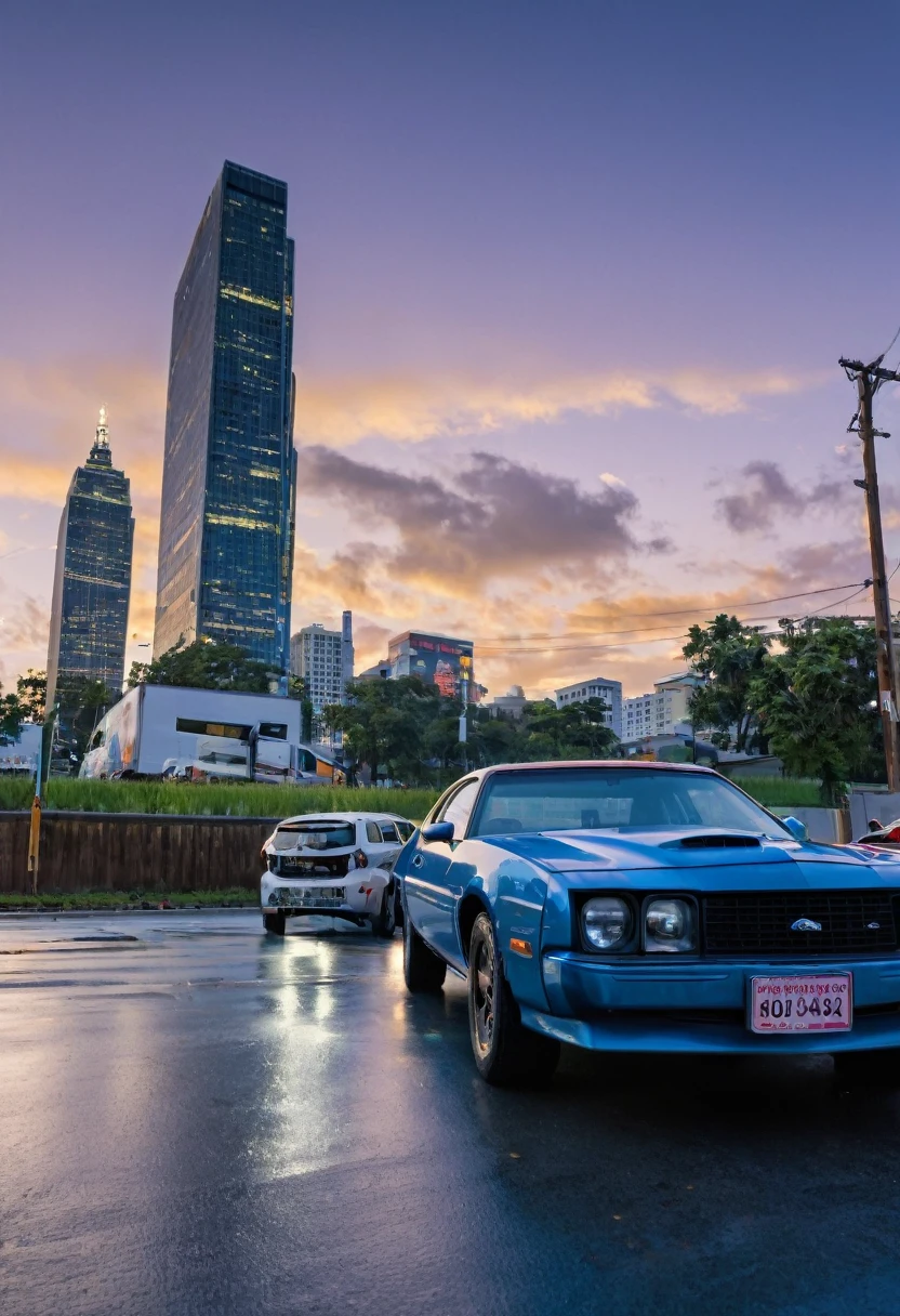 An image depicting an urban scene at dusk, featuring a cloudy sky and distant tall buildings, indicating an urban environment. In the center of the scene, a metallic blue car is parked by the roadside with its hood open, showing signs of a breakdown. Beside the car, a casually dressed young man looks concerned as he talks on his phone, waiting for assistance. In the background, a tow truck is approaching, suggesting help is on its way. Surrounding the car are modern and bold graphics symbolizing protection and security, resembling a translucent shield representing insurance coverage. Along the edges of the image, small icons denote various insurance coverages such as 24-hour assistance, theft protection, and third-party damage coverage