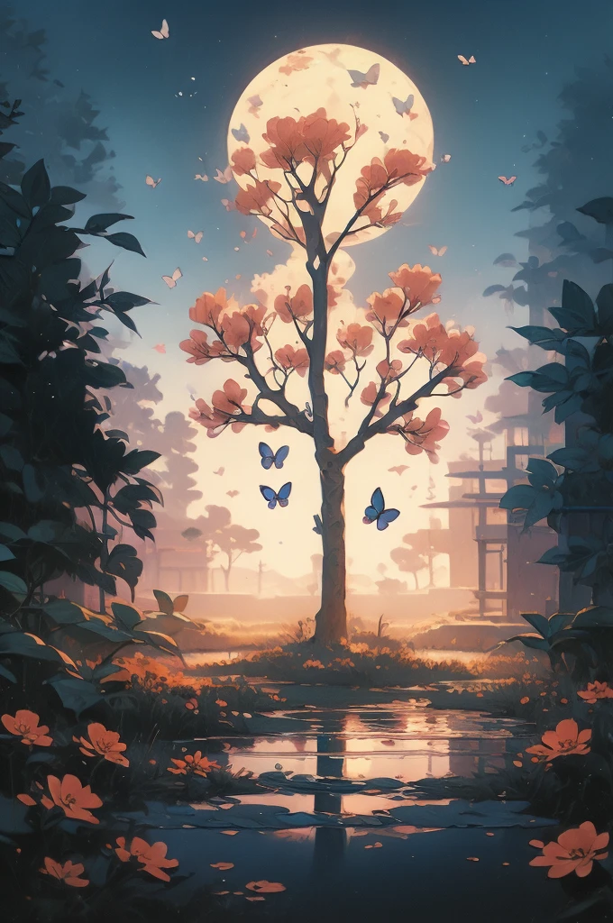 a painting of a tree with flowers and butterflies in the sky, 🌺 cgsociety, magical flowers, glowing flowers, night sky full of flowers, very beautiful digital art, beautiful digital artwork, dawn cgsociety, trending on cgsociety art, beautiful digital art, beautiful depiction, beautiful gorgeous digital art, gorgeous digital art, by Yang J, cgsociety saturated colors