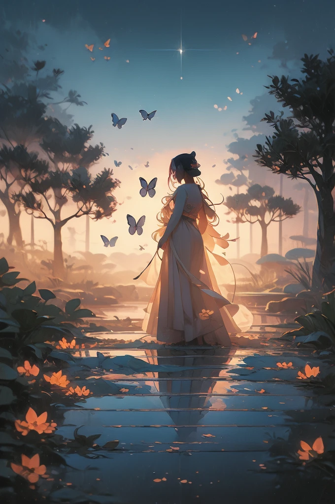 a painting of a tree with flowers and butterflies in the sky, 🌺 cgsociety, magical flowers, glowing flowers, night sky full of flowers, very beautiful digital art, beautiful digital artwork, dawn cgsociety, trending on cgsociety art, beautiful digital art, beautiful depiction, beautiful gorgeous digital art, gorgeous digital art, by Yang J, cgsociety saturated colors