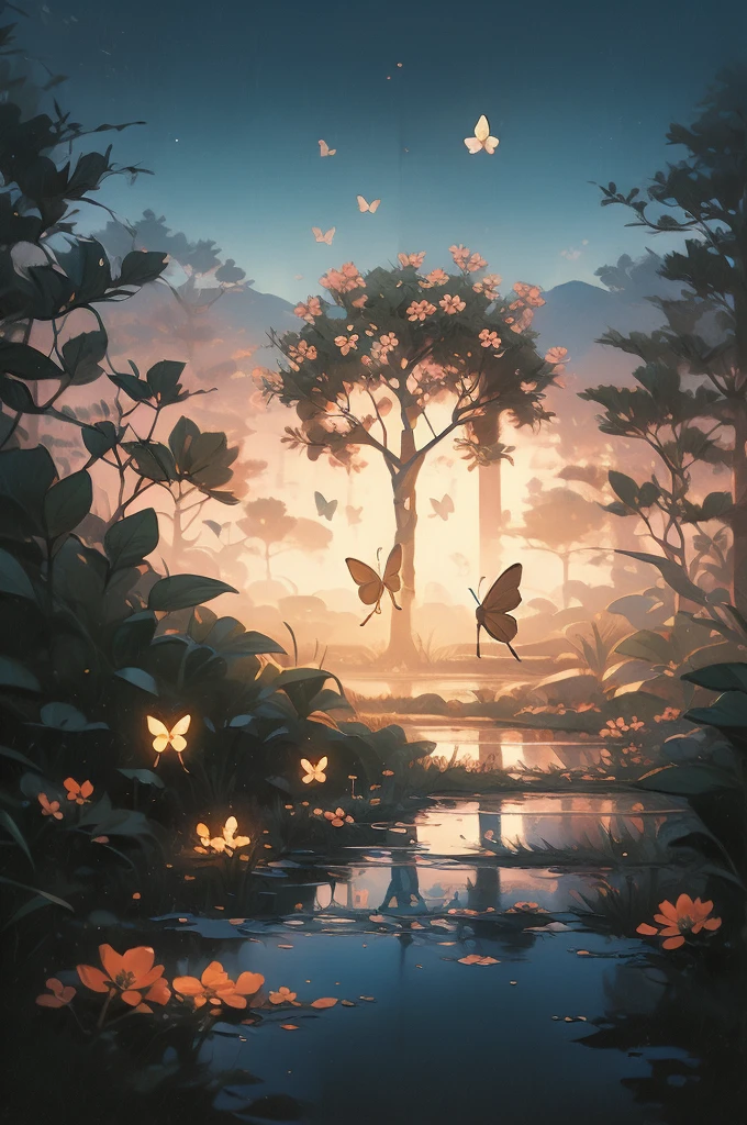 a painting of a tree with flowers and butterflies in the sky, 🌺 cgsociety, magical flowers, glowing flowers, night sky full of flowers, very beautiful digital art, beautiful digital artwork, dawn cgsociety, trending on cgsociety art, beautiful digital art, beautiful depiction, beautiful gorgeous digital art, gorgeous digital art, by Yang J, cgsociety saturated colors