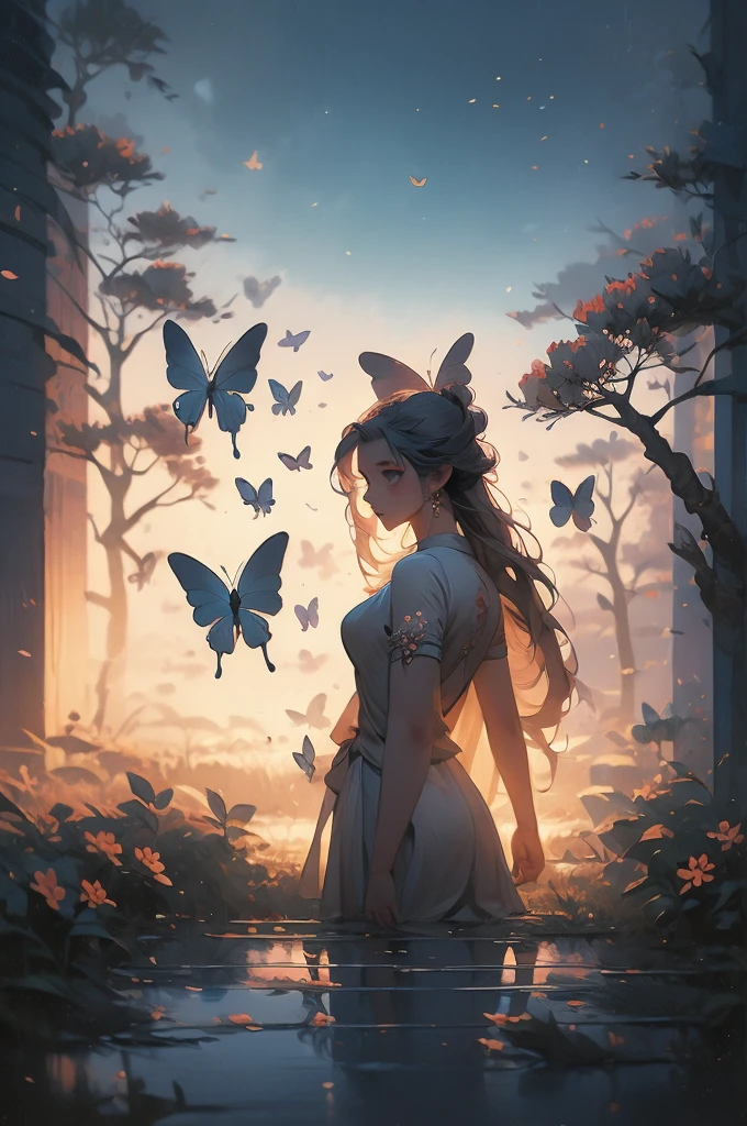 a painting of a tree with flowers and butterflies in the sky, a digital painting by Yang J, trending on cgsociety, fantasy art, 🌺 cgsociety, magical flowers, glowing flowers, night sky full of flowers, very beautiful digital art, dawn cgsociety, beautiful digital artwork, trending on cgsociety art, beautiful digital art, beautiful gorgeous digital art, beautiful depiction