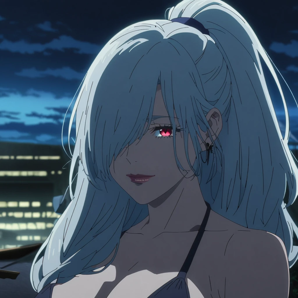 1girl, female gojo satoru, anime screencap from jujutsu kaisen, gojo satoru female version, solo, long_hair, Red eyes (silver_hair)), night view, (hanging breasts) upper_body, smile, indoors, book, red_eyes, lips, (high ponytail) ((wearing bikini, beach view)) breast, "very detailed and high resolution" (Red eyes) (cross arms) ((long hair, hair over one eyes)) ((solo)) (front view) (earings) ((high resolution)) ((good quality)) ((side bangs))