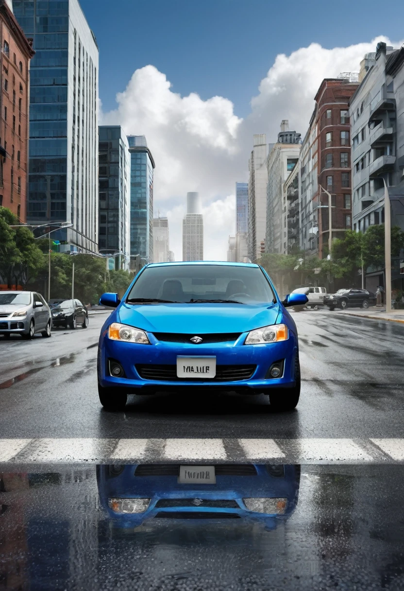 An image with a modern urban background, featuring a cloudy sky and some tall buildings in the distance, suggesting an urban environment. In the center of the image, there is a metallic blue car stopped on the side of the road, with the hood open and signs of a breakdown. Next to the car, a young man dressed casually is on the phone with a worried expression, waiting for assistance. Behind him, a tow truck is approaching, reinforcing the idea of help on the way. Modern and striking graphics surround the car, representing protection and security, like a translucent shield symbolizing insurance coverage. Small icons along the edge of the image represent different insurance coverages, such as 24-hour assistance, theft protection, and third-party damage coverage.