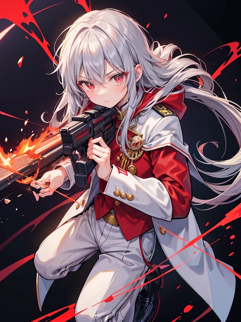 a close up of a teen boy in a uniform holding a gun, red uniform, anime style, anime moe artstyle, wearing a red captain's uniform, handsome androgynous prince, detailed anime character art, high quality anime artstyle, anime boy with long hair, gray undershirt, red tuxedo suit with silver , suit with red and silver flame shaped cloak,