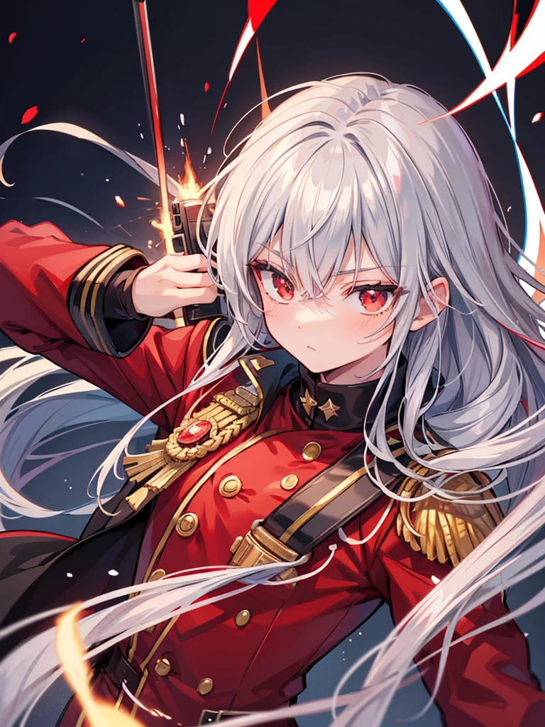 a close up of a  boy in a uniform holding a gun, red uniform, anime style, anime moe artstyle, wearing a red captain's uniform, handsome androgynous prince, detailed anime character art, high quality anime artstyle, anime boy with long hair, gray undershirt, red tuxedo suit with silver , suit with red and silver flame shaped cloak, 