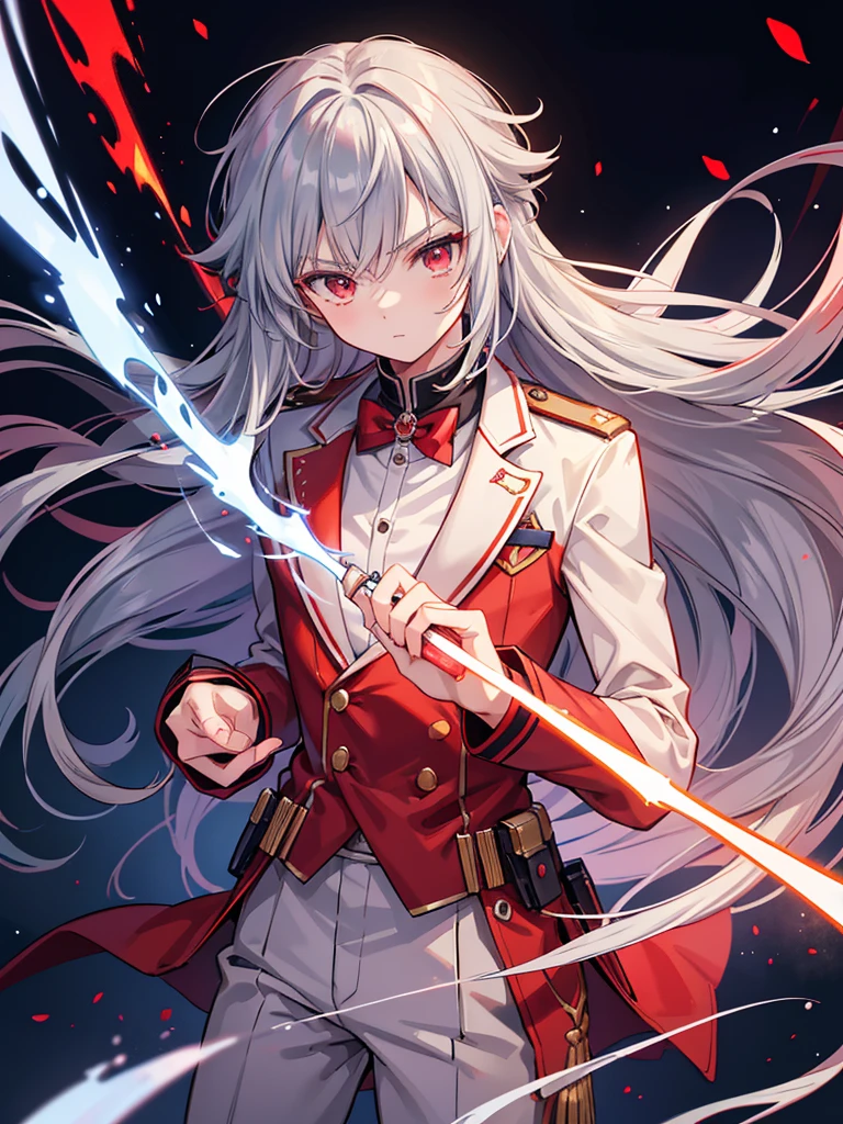 a close up of a teen boy in a uniform holding a gun, red uniform, anime style, anime moe artstyle, wearing a red captain's uniform, handsome androgynous prince, detailed anime character art, high quality anime artstyle, anime boy with long hair, gray undershirt, red tuxedo suit with silver , suit with red and silver flame shaped cloak, 