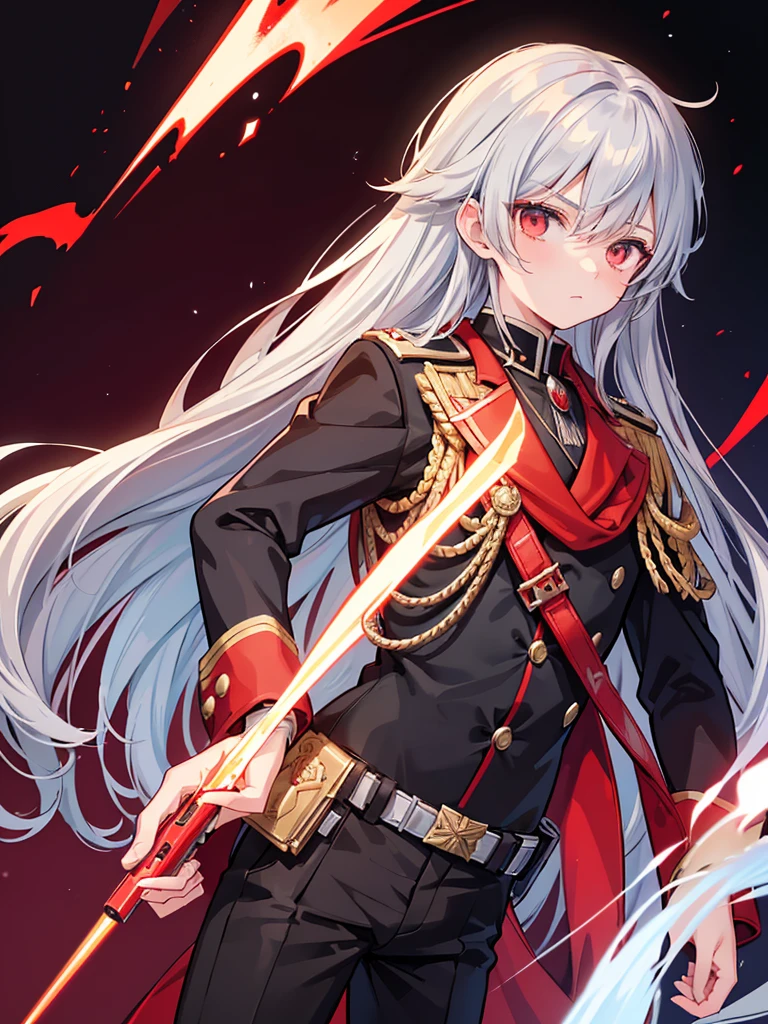a close up of a teen boy in a uniform holding a gun, red uniform, anime style, anime moe artstyle, wearing a red captain's uniform, handsome androgynous prince, detailed anime character art, high quality anime artstyle, anime boy with long hair, gray undershirt, red tuxedo suit with silver , suit with red and silver flame shaped cloak,