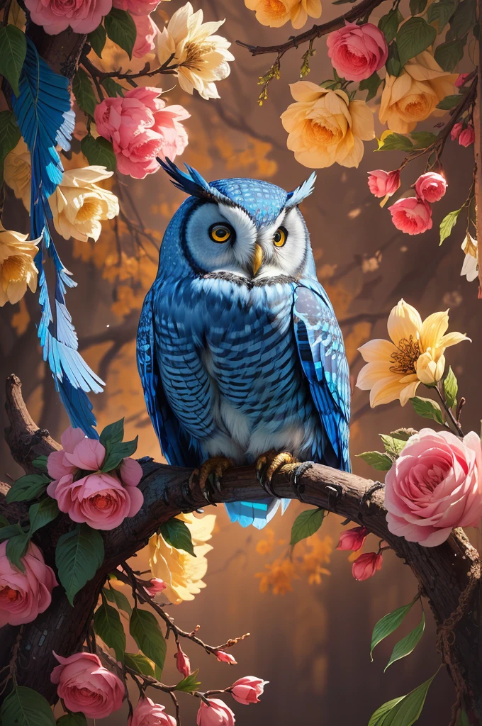 painting of a blue owl sitting on a branch surrounded by flowers, full of colors and rich detail, radiant owl, 4k detailed, high detailed digital art em 4k, 4 k highly detailed art, high detailed digital art, High-quality, detailed artwork in 8K, Beeple e Jeremiah Ketner, detailed digital art in 4k, highly detailed 4 k art