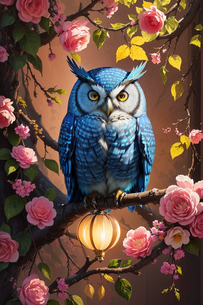 painting of a blue owl sitting on a branch surrounded by flowers, full of colors and rich detail, radiant owl, 4k detailed, high detailed digital art em 4k, 4 k highly detailed art, high detailed digital art, High-quality, detailed artwork in 8K, Beeple e Jeremiah Ketner, detailed digital art in 4k, highly detailed 4 k art