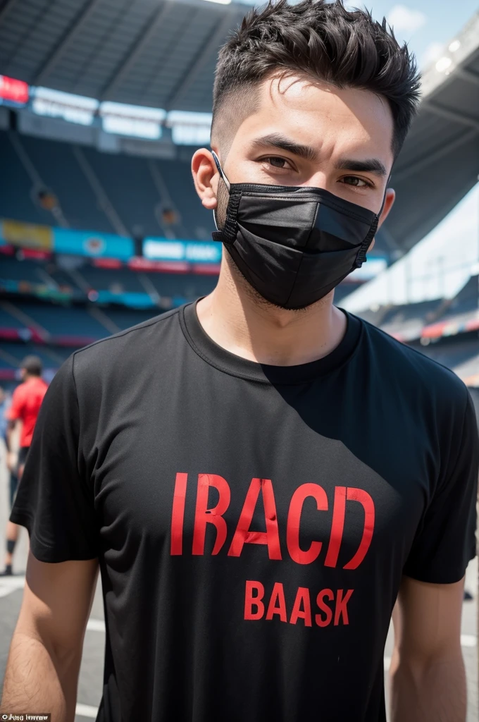 A man dressed in black with a panic mask written in red on a black shirt "sample" in front of the Maracanã stadium 