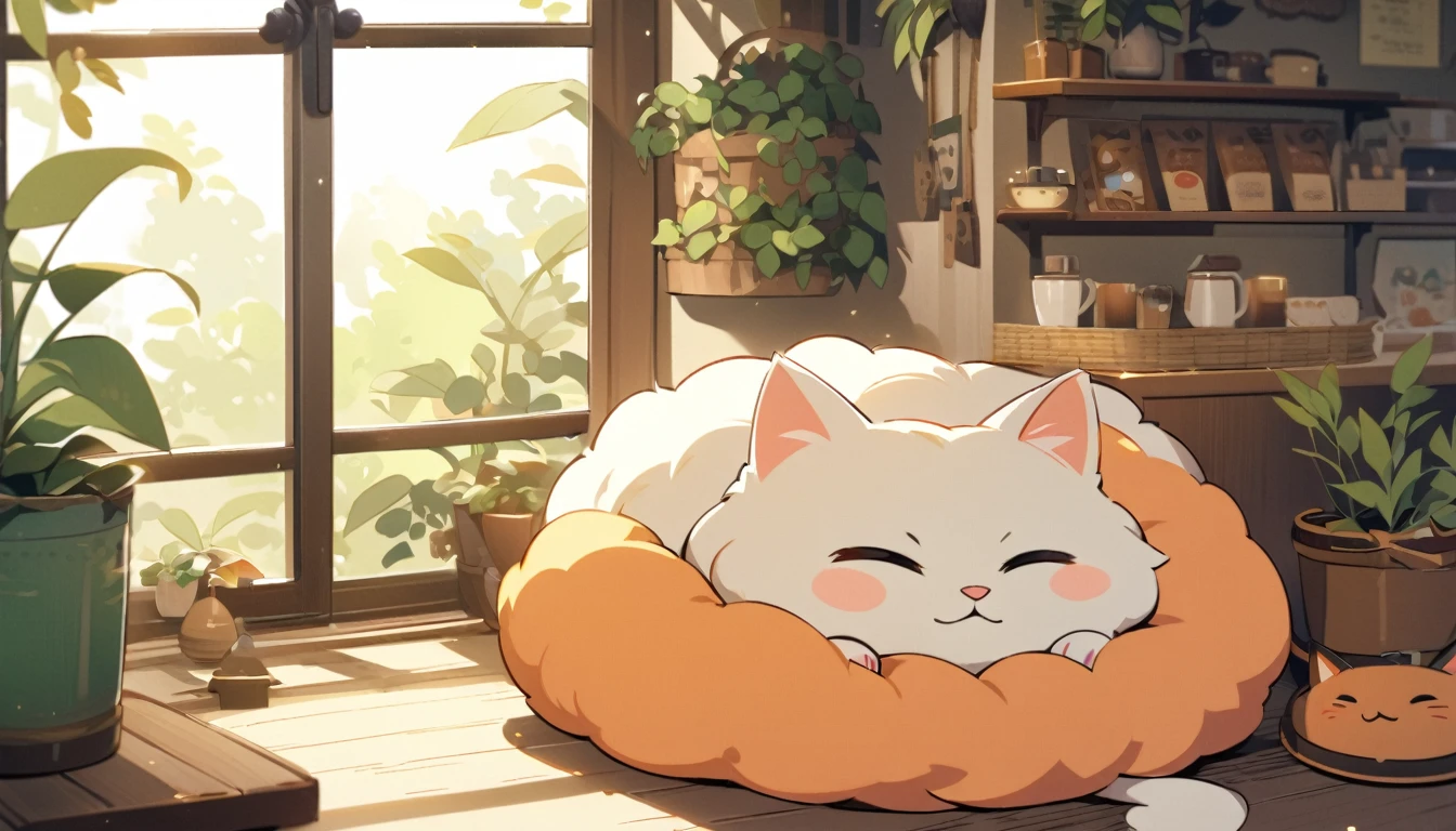 At the window where the soft moonlight shines in on an illustrated night、A cute fluffy cat curled up and sleeping。The cat is surrounded by cute ornamental plants and warm cafe accessories.、The overall atmosphere is relaxed.。The cat&#39;s expression is very calm.、Smiling as if dreaming。The background has a cafe atmosphere reminiscent of Lo-Fi music.、The starry sky is spreading outside the window。