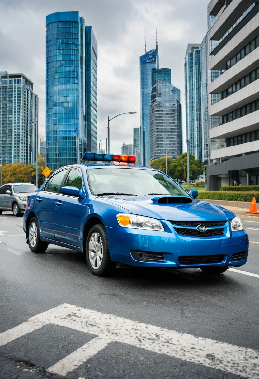 An image with a modern urban background, featuring a cloudy sky and some tall buildings in the distance, suggesting an urban environment. In the center of the image, there is a metallic blue car stopped on the side of the road, with the hood open and signs of a breakdown. Next to the car, a young man dressed casually is on the phone with a worried expression, waiting for assistance. Behind him, a tow truck is approaching, reinforcing the idea of help on the way. Modern and striking graphics surround the car, representing protection and security, like a translucent shield symbolizing insurance coverage. Small icons along the edge of the image represent different insurance coverages, such as 24-hour assistance, theft protection, and third-party damage coverage.