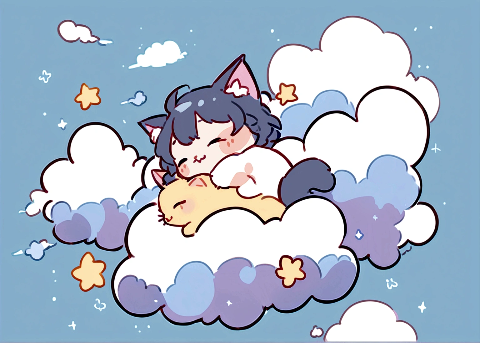 A cute kitten napping on clouds