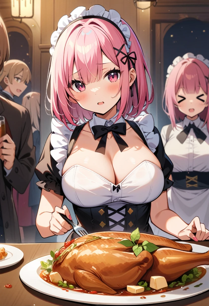 masterpiece, best quality, very aesthetic, absurdres, newest,1girl,naked_shirt, pussy_hair, ,ram_(re:zero), re:zero_kara_hajimeru_isekai_seikatsu, 1girl, pink_hair, short_hair, hair_over_one_eye, x_hair_ornament, maid_headdress, breasts,,,in a banquet