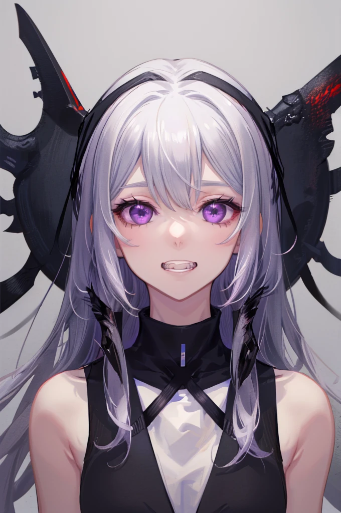 best quality, masterpiece, very aesthetic, half-length portrait, front view, facing_viewer, Front Facing,1 girl, black hair, long hair, monochromatic, pale face, crazy eyes, insane, sleeveless turtleneck, wearing coat with low hanging shoulders, purple eyes, looking_at_viewer, yandere face, gesugao, crazy laugh, black linings, stark white background, plain background, simple_background ,edgGesugao, clenching teeth, yandere, white_teeth, disgusted
