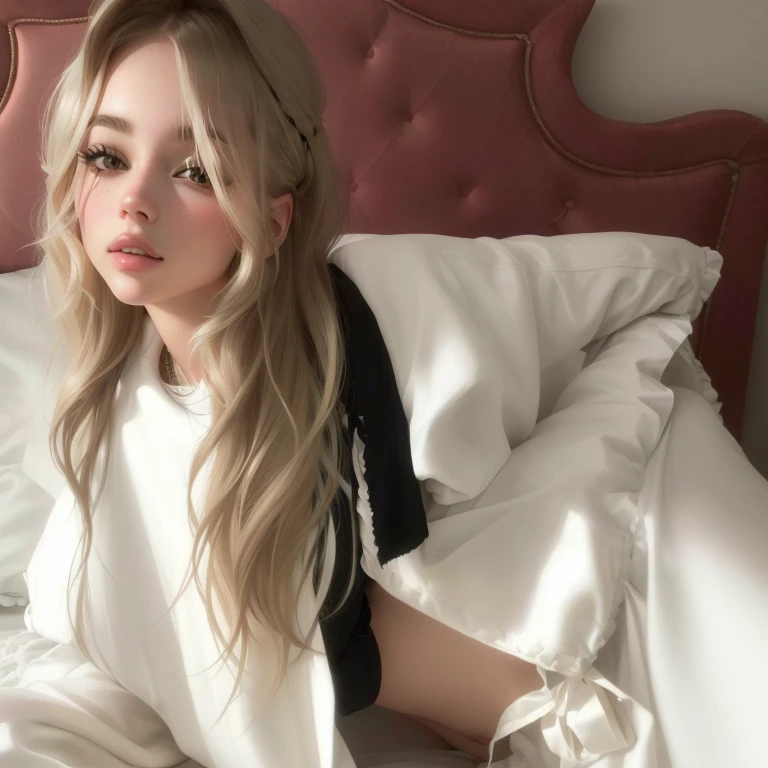 mujer rubia con pelo largo sentada in bed con sábanas blancas, posando in bed, posing in a bedroom, Charli Bowater, sitting on a bed, Imogen Poots, sitting on her bed, sitting in bed, portrait of kim petras, in bed, poppy, miranda cosgrove, while posing in the same bed, in my bed