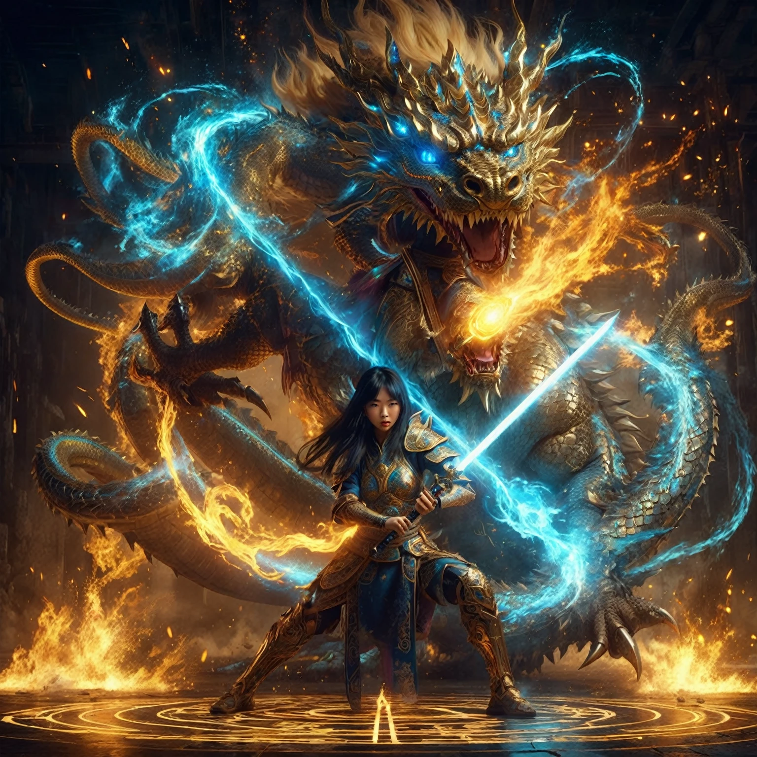 an Asian female warrior in a glowing gold costumes holding a glowing sword and a Giant Ferocious Dragon with a dark aura around her, bursts of gold blue pink fire from the dragon's mouth, focus on face, facing at the camera, fiery light coiled around his body, aggressively twirling with her claws creating gusts of wind and explosions of aura, torn clothes flying in a circle, wearing cybernetic enhancements, occult symbols underneath on the ground with light reflection, 8k