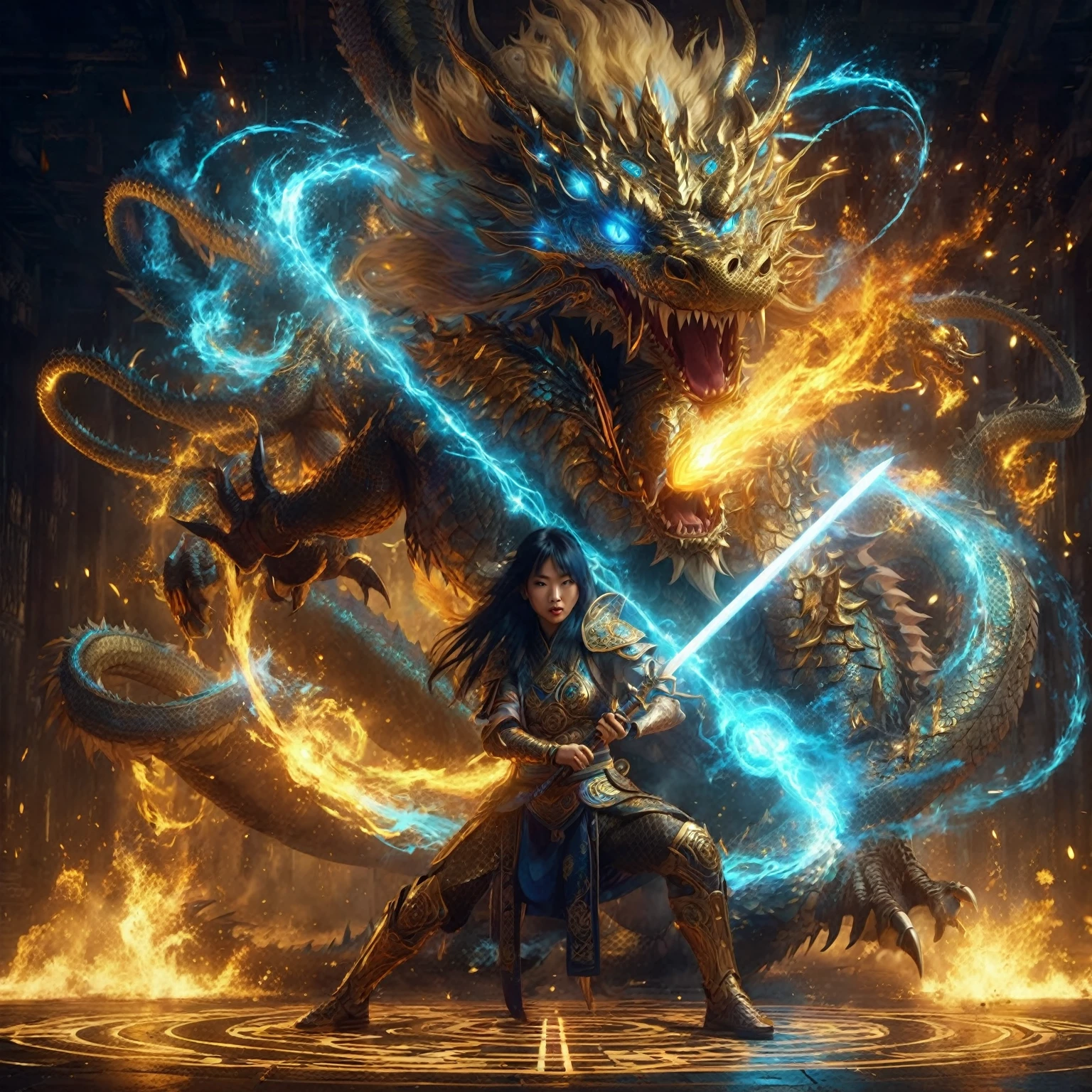 an Asian female warrior in a glowing gold costumes holding a glowing sword and a Giant Ferocious Dragon with a dark aura around her, bursts of gold blue pink fire from the dragon's mouth, focus on face, facing at the camera, fiery light coiled around his body, aggressively twirling with her claws creating gusts of wind and explosions of aura, torn clothes flying in a circle, wearing cybernetic enhancements, occult symbols underneath on the ground with light reflection, 8k