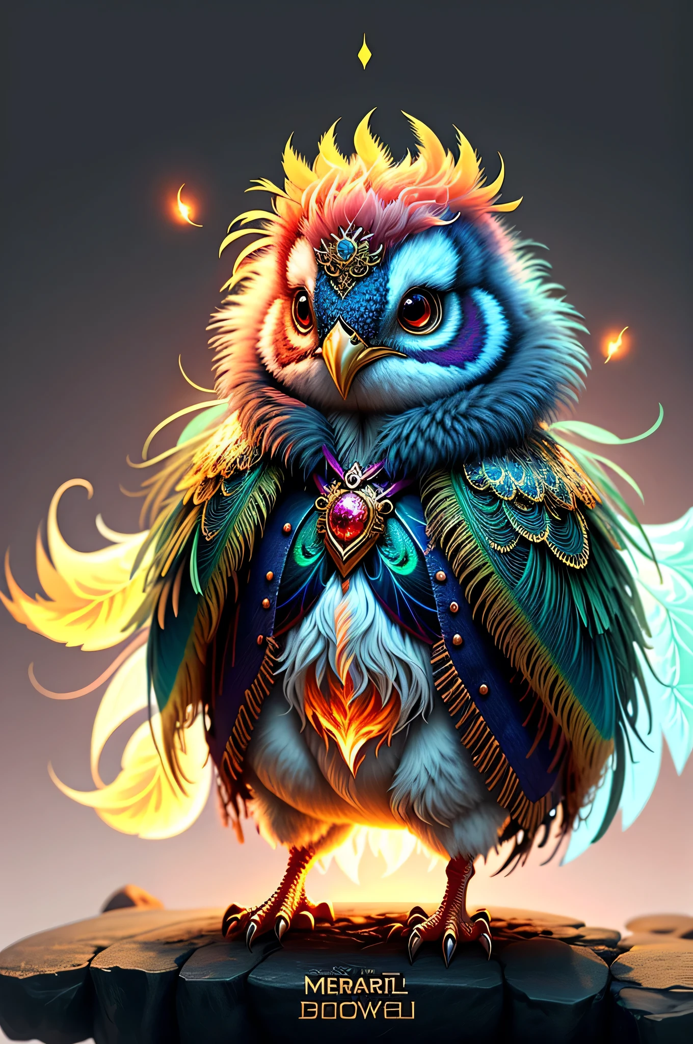 Superior image quality、"Create cute creature masterpieces with inspired, ultra-detailed concept art. Let your imagination come to life", ((Immortal Bird))、(phoenix)、(fengxi),Flashy appearance like a peacock、 high detaild, in 8K、Superior image quality、Week、one is magic、The backdrop is the magic of fire