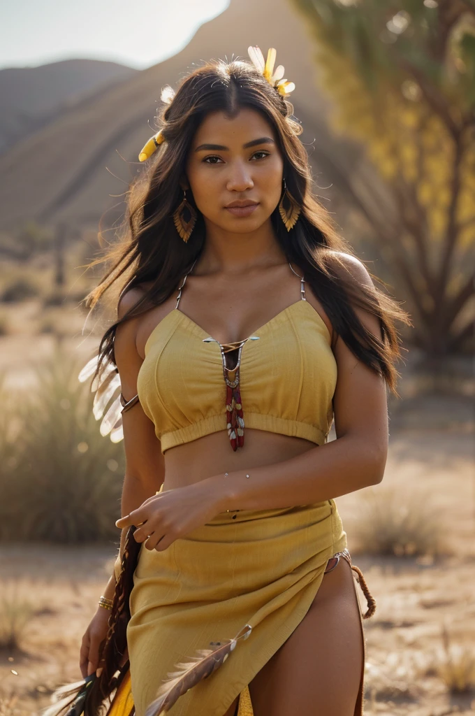 ((Artwork)), ((best quality)), ((high resolution)), extremely detailed)), ((1 girl as Pocahontas)), full body, Native American woman, beautiful woman shot from front view, big breast, (super realistic), (unparalleled beauty), detailed skin texture, detailed cloth texture, beautiful detailed face, intricate details, ultra detailed, indigenous feather jewelry, feather headdress, ((handmade traditional yellow dress )) ((armed hunter warrior)), in the desert, (dynamic pose), (random angles), Smile, look at the viewer, ultra realistic, concept art, elegant, ((intricate)), ((highly detailed)) , depth of field, ((color grading professionally)), Soft ambient lighting, twilight, (best quality, A high resolution, photorealistic, pristine, 8K, Artwork, ),best quality, Masterpiece8K.hdr. High Ribs:1.2, Film Grain, Blur Bokeh:1.2, Lens Flare, (Vivid Color:1.2), (Delicate), Ultra Quality, Cinematic, 32k High Definition, Highly Detailed, Super Resolution.