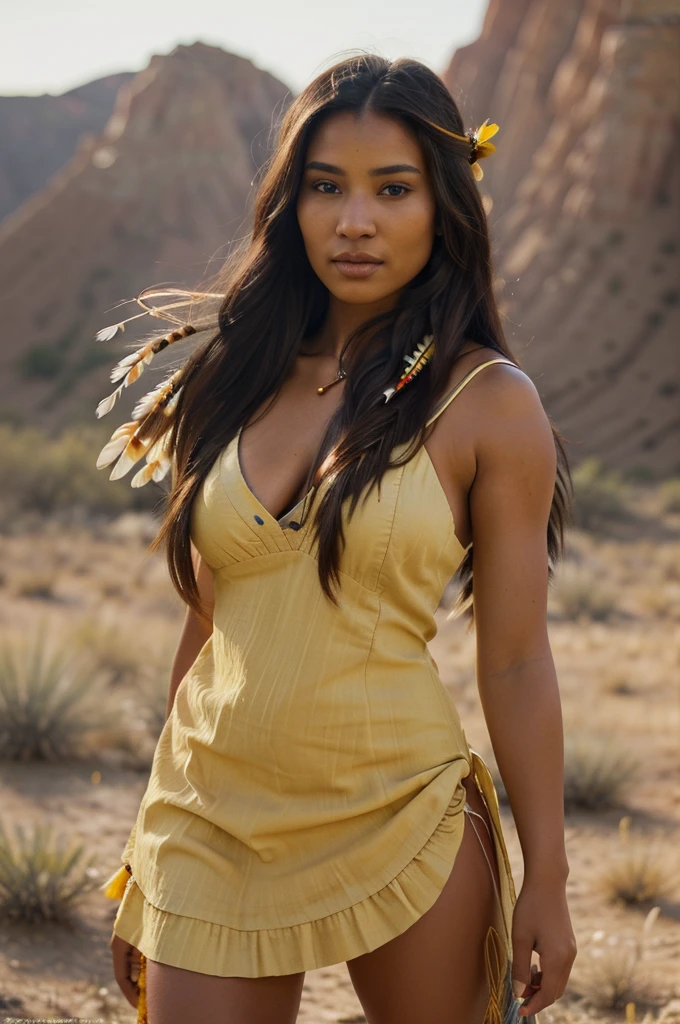 ((Artwork)), ((best quality)), ((high resolution)), extremely detailed)), ((1 girl as Pocahontas)), full body, Native American woman, beautiful woman shot from front view, big breast, (super realistic), (unparalleled beauty), detailed skin texture, detailed cloth texture, beautiful detailed face, intricate details, ultra detailed, indigenous feather jewelry, feather headdress, ((handmade traditional yellow dress )) ((armed hunter warrior)), in the desert, (dynamic pose), (random angles), Smile, look at the viewer, ultra realistic, concept art, elegant, ((intricate)), ((highly detailed)) , depth of field, ((color grading professionally)), Soft ambient lighting, twilight, (best quality, A high resolution, photorealistic, pristine, 8K, Artwork, ),best quality, Masterpiece8K.hdr. High Ribs:1.2, Film Grain, Blur Bokeh:1.2, Lens Flare, (Vivid Color:1.2), (Delicate), Ultra Quality, Cinematic, 32k High Definition, Highly Detailed, Super Resolution.