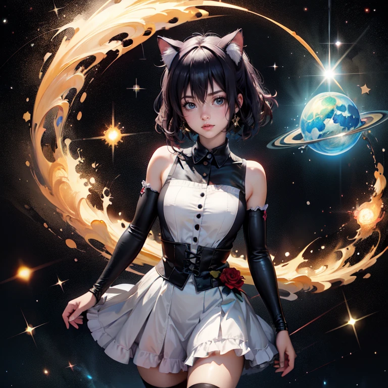 1girl, black maid dress, jewelry, dark blue hair, flowing hair, heterochromia, short hair, black maid dress with a short skirt and layers, black laces, black boots, black dress with transparency, gold details on her clothes, cat ears, animal ears,  more details, perfectly body, perfectly hands, two hands, two legs, two arms, five fingers, glowing hair, best quality, hat, cat ears, tail ornament, tail bow, black gloves, two cat tail, black gloves, alone, maid headdress, choker, detached sleeves, maid dress, maid black dress, strapless, masterpeice, best quality, detailed face, night, asymmetrical gloves, bangs, black short skirt , black gloves, black boots, earrings, elbow gloves, fishnet thighhighs, fishmasterpeice, solo, best quality, detailed face, gloves, hair between eyes, jewelry, looking at viewer, single earring, sky, sleeveless, solo, thigh boots, thighhighs, tongue, tongue out, uneven gloves, solo, alone, Looking at the viewer, More details on the clothes, magenta roses on her hair, space scenery, maid, maid dress, magenta details, magenta roses, maid headdress, maid apron, wave hair, seat on the Saturn rings, more details on her clothes, gold details on her clothes, space, smiling, standing her hand to a viewer, looking at the viewer, in the background a several asteroids glowing with fiery auras, Dramatic lighting from distant stars and planets illuminates the scene, looking at the vast and mysterious universe, cowboy shot, upper body portrait, more details, sparkle,