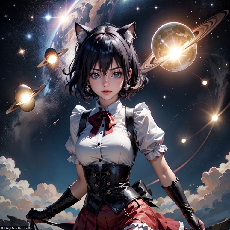 1girl, black maid dress, jewelry, dark blue hair, flowing hair, heterochromia, short hair, black maid dress with a short skirt and layers, black laces, black boots, black dress with transparency, gold details on her clothes, cat ears, animal ears,  more details, perfectly body, perfectly hands, two hands, two legs, two arms, five fingers, glowing hair, best quality, hat, cat ears, tail ornament, tail bow, black gloves, two cat tail, black gloves, alone, maid headdress, choker, detached sleeves, maid dress, maid black dress, strapless, masterpeice, best quality, detailed face, night, asymmetrical gloves, bangs, black short skirt , black gloves, black boots, earrings, elbow gloves, fishnet thighhighs, fishmasterpeice, solo, best quality, detailed face, gloves, hair between eyes, jewelry, looking at viewer, single earring, sky, sleeveless, solo, thigh boots, thighhighs, tongue, tongue out, uneven gloves, solo, alone, Looking at the viewer, More details on the clothes, magenta roses on her hair, space scenery, maid, maid dress, magenta details, magenta roses, maid headdress, maid apron, wave hair, seat on the Saturn rings, more details on her clothes, gold details on her clothes, space, smiling, standing her hand to a viewer, looking at the viewer, in the background a several asteroids glowing with fiery auras, Dramatic lighting from distant stars and planets illuminates the scene, looking at the vast and mysterious universe, cowboy shot, upper body portrait, more details, sparkle,