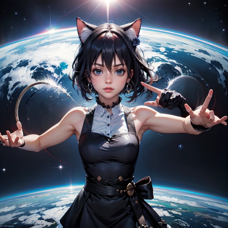 1girl, black maid dress, jewelry, dark blue hair, flowing hair, heterochromia, short hair, black maid dress with a short skirt and layers, black laces, black boots, black dress with transparency, gold details on her clothes, cat ears, animal ears,  more details, perfectly body, perfectly hands, two hands, two legs, two arms, five fingers, glowing hair, best quality, hat, cat ears, tail ornament, tail bow, black gloves, two cat tail, black gloves, alone, maid headdress, choker, detached sleeves, maid dress, maid black dress, strapless, masterpeice, best quality, detailed face, night, asymmetrical gloves, bangs, black short skirt , black gloves, black boots, earrings, elbow gloves, fishnet thighhighs, fishmasterpeice, solo, best quality, detailed face, gloves, hair between eyes, jewelry, looking at viewer, single earring, sky, sleeveless, solo, thigh boots, thighhighs, tongue, tongue out, uneven gloves, solo, alone, Looking at the viewer, More details on the clothes, magenta roses on her hair, space scenery, maid, maid dress, magenta details, magenta roses, maid headdress, maid apron, wave hair, seat on the Saturn rings, more details on her clothes, gold details on her clothes, space, smiling, standing her hand to a viewer, looking at the viewer, in the background a several asteroids glowing with fiery auras, Dramatic lighting from distant stars and planets illuminates the scene, looking at the vast and mysterious universe, cowboy shot, upper body portrait, more details, sparkle,