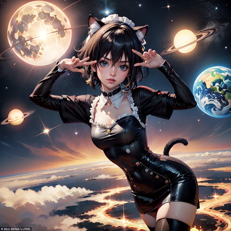 1girl, black maid dress, jewelry, dark blue hair, flowing hair, heterochromia, short hair, black maid dress with a short skirt and layers, black laces, black boots, black dress with transparency, gold details on her clothes, cat ears, animal ears,  more details, perfectly body, perfectly hands, two hands, two legs, two arms, five fingers, glowing hair, best quality, hat, cat ears, tail ornament, tail bow, black gloves, two cat tail, black gloves, alone, maid headdress, choker, detached sleeves, maid dress, maid black dress, strapless, masterpeice, best quality, detailed face, night, asymmetrical gloves, bangs, black short skirt , black gloves, black boots, earrings, elbow gloves, fishnet thighhighs, fishmasterpeice, solo, best quality, detailed face, gloves, hair between eyes, jewelry, looking at viewer, single earring, sky, sleeveless, solo, thigh boots, thighhighs, tongue, tongue out, uneven gloves, solo, alone, Looking at the viewer, More details on the clothes, magenta roses on her hair, space scenery, maid, maid dress, magenta details, magenta roses, maid headdress, maid apron, wave hair, seat on the Saturn rings, more details on her clothes, gold details on her clothes, space, smiling, standing her hand to a viewer, looking at the viewer, in the background a several asteroids glowing with fiery auras, Dramatic lighting from distant stars and planets illuminates the scene, looking at the vast and mysterious universe, cowboy shot, upper body portrait, more details, sparkle,