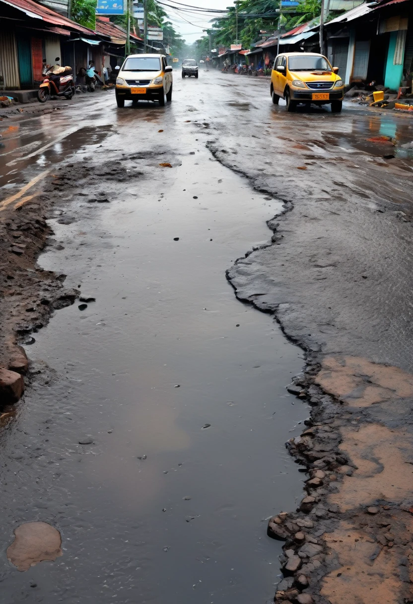An indonesian city road with halted traffic, big deep potholes in the road, potholes filled with rainy water, poor people on road around potholes, ultra realistic image, 4K, high resolution