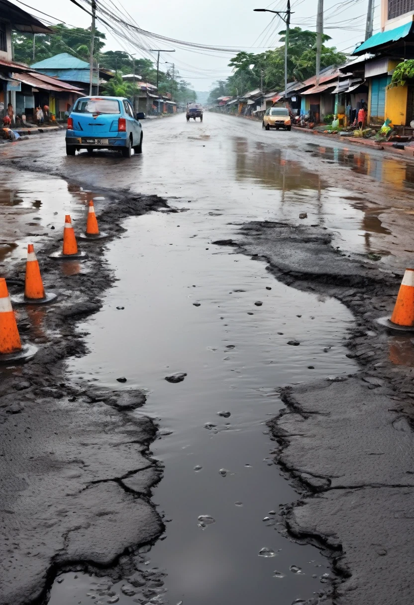 An indonesian city road with halted traffic, big deep potholes in the road, potholes filled with rainy water, poor people on road around potholes, ultra realistic image, 4K, high resolution