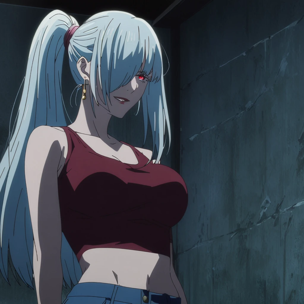 1girl, female gojo satoru, anime screencap from jujutsu kaisen, gojo satoru female version, solo, long_hair, Red eyes (silver_hair)), night view, (hanging breasts) upper_body, smile, indoors, book, red_eyes, lips, (high ponytail) ((wearing red crop top and jeans )) breast, "very detailed and high resolution" (Red eyes) (cross arms)  ((long hair, hair over one eyes)) ((solo)) (front view) (earings) ((high resolution)) ((good quality)) ((side bangs))