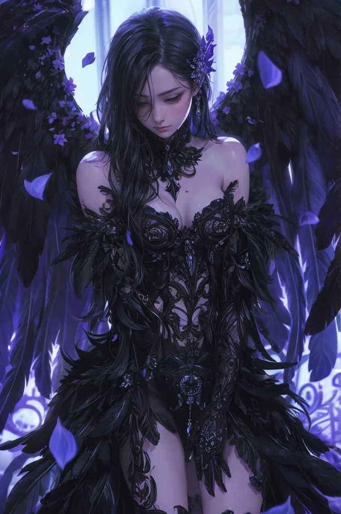 a beautiful flower angel, futuristic gothic style, extremely detailed face and body, anime-inspired, photorealistic, cinematic lighting, intricate floral patterns, ethereal wings, dramatic pose, moody color palette, volumetric light effects, hyper-realistic textures, ornate gothic architecture, stunning digital art