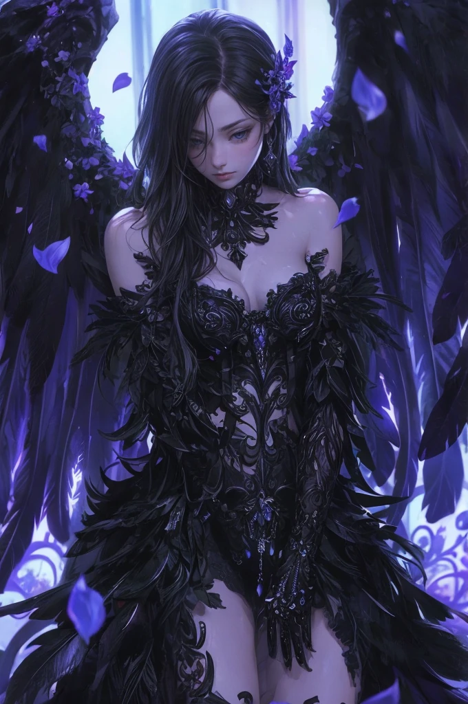 a beautiful flower angel, futuristic gothic style, extremely detailed face and body, anime-inspired, photorealistic, cinematic lighting, intricate floral patterns, ethereal wings, dramatic pose, moody color palette, volumetric light effects, hyper-realistic textures, ornate gothic architecture, stunning digital art