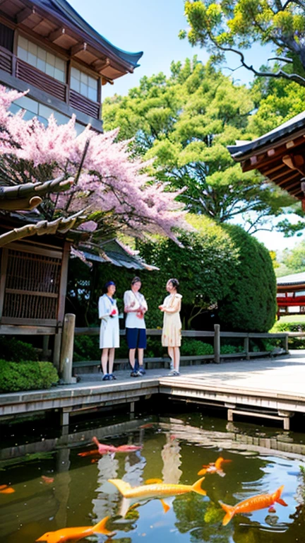 a group of young students conversing and having fun in front of an ancient Japanese school, beautiful nature, trees and Japanese garden, 1girl,1boy,detailed facial features,highly detailed,photorealistic,masterpiece,intricate details,dynamic pose,soft lighting,vibrant colors,traditional Japanese architecture,lush foliage,sakura trees,koi pond,pagoda,natural setting,peaceful atmosphere