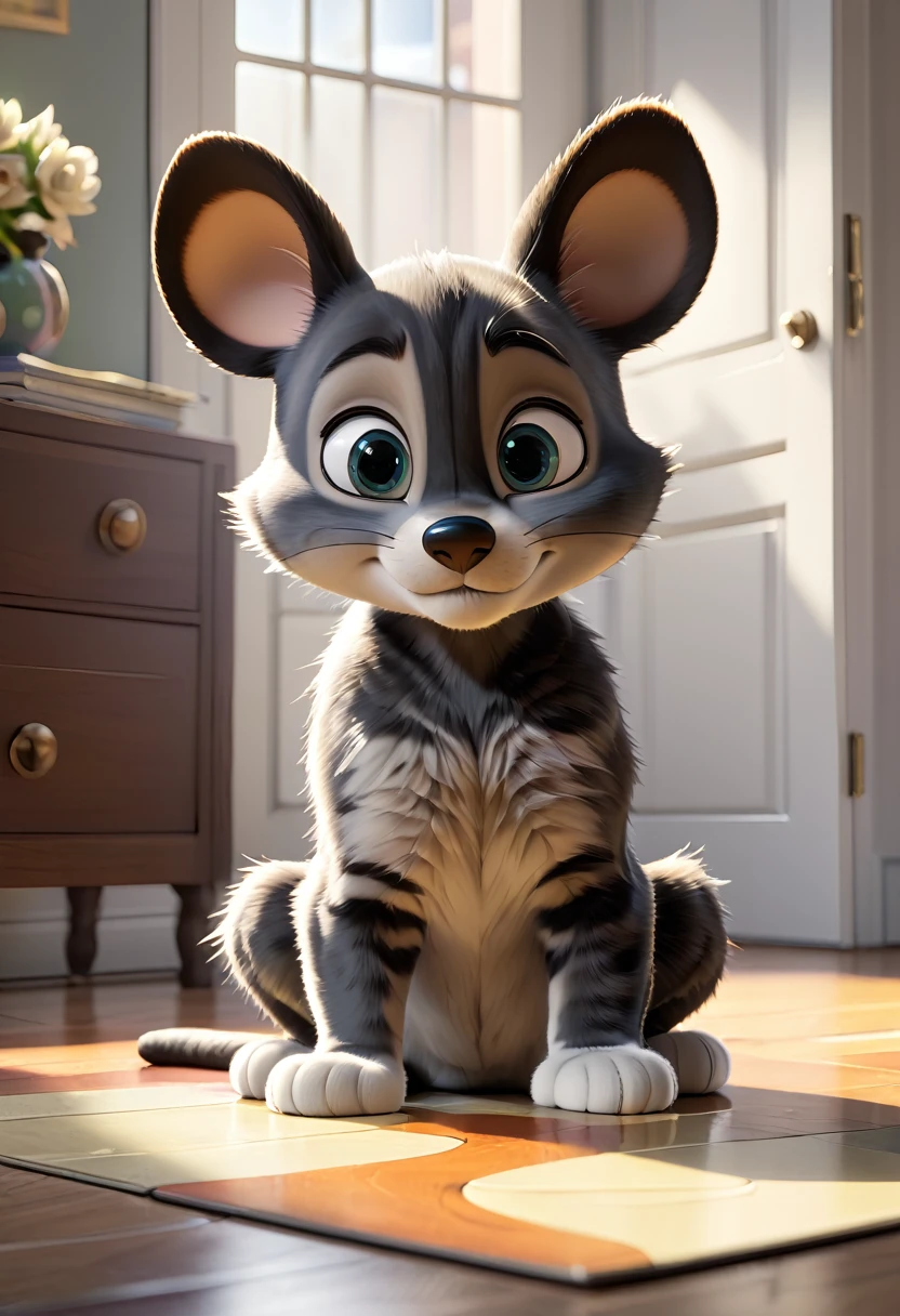 create a 4k image, 3d, Disney cartoon cards/pixar; of a 6 month old boy, blacksad, sitting on the floor; usando fantasia do Mickey mouse!