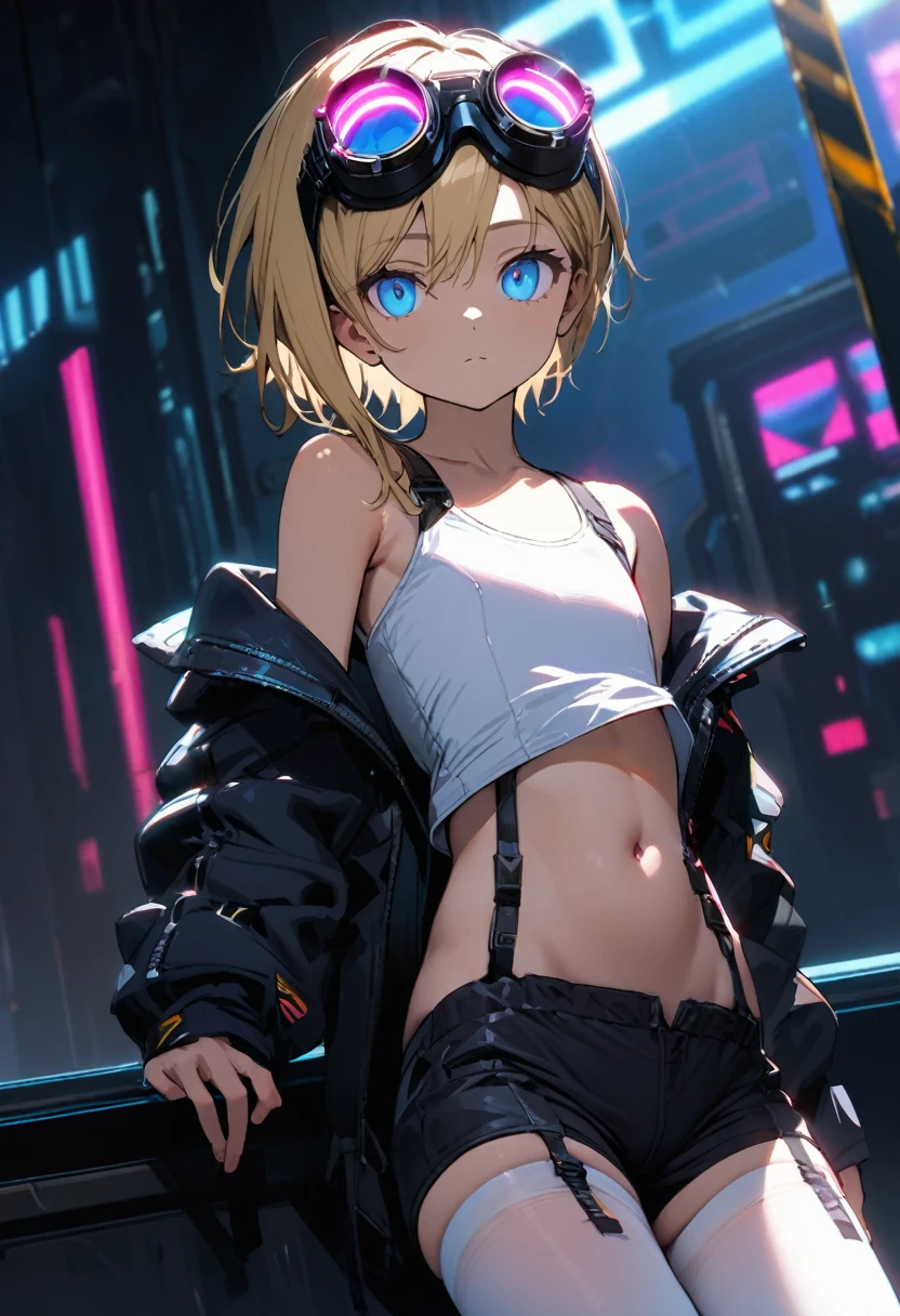 a handsome girl, , solo, blond hair, asymmetrical bob, blue eyes,(bright eyes:1.2),
cyber punk black jacket, white tank top, goggles on head,
[navel], off shoulder, open jacket, black shorts, garter rings, white tights,
expressionless, blurry background, perfect lighting, perfect angle, masterpiece, best quality, extremely detailed face,