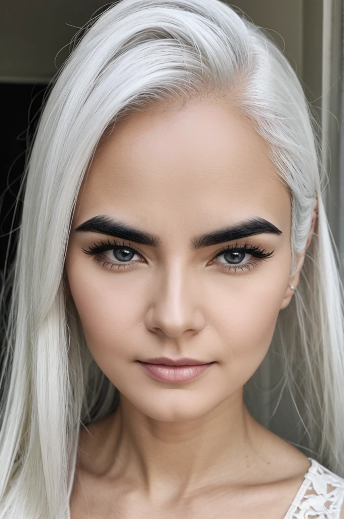 Adult lady with big eyebrows white skin and white hair 