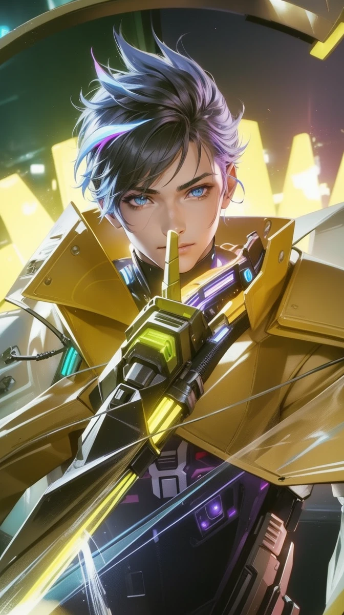 1boy, (extremely beautiful), solo, male focus, cyberpunk, neon lights, vibrant colors, headphones, Cyberpunk, neon, masterpiece, best quality, ultra-detailed, cyberpunk background, detail, in the starry night, moon, explosive and clear eyes, glowing eyes, beautiful details in the wind, little smile.