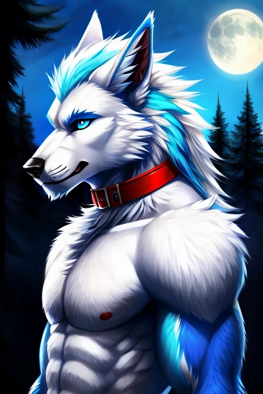werewolf, with all white fur, white hair with blue highlights, blue eyes, with blue tail,
with a red collar