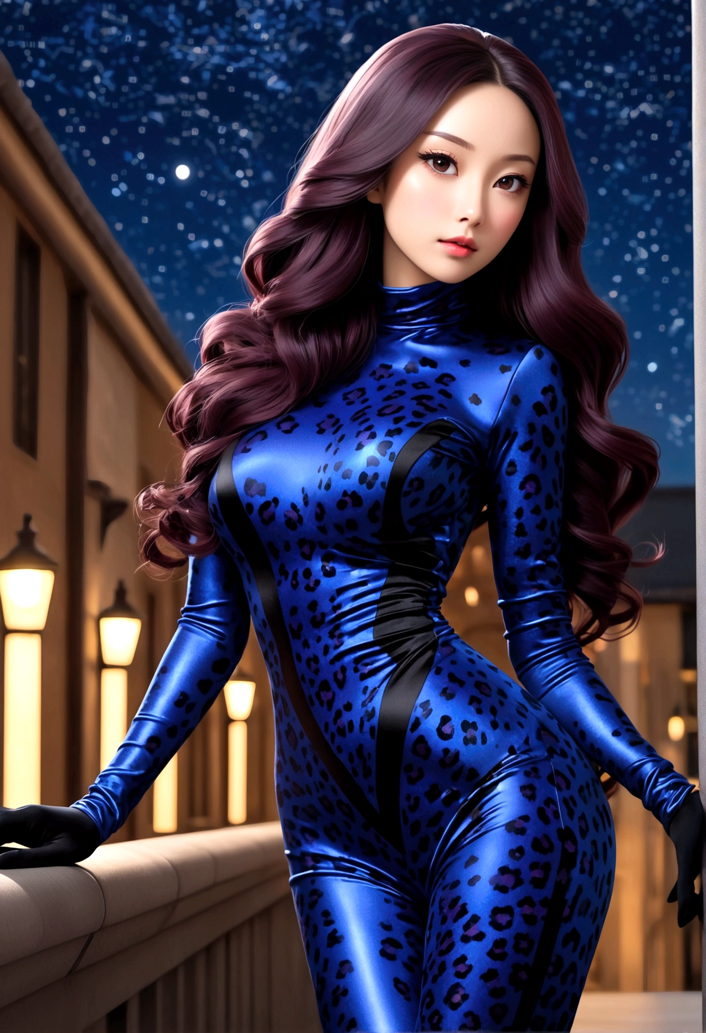 a solo portrait anime beautiful super healthy toned elegant glamorous noble high value billionaire luxurious fashion-model regal, very long hair style, big tight breasts , Chizuru Mizuhara wearing extreme skin-tight hyper-real extreme sleek (hyper realistic full body hiding black leopard printed luxurious fine royal blue-black colored fine-textured plush shiny velour high quality extreme thick catsuit ribbed sweater as a second skin), she is wearing (skin-tight velvet gloves), (skin-tight maroon velvet elegant shoes), avoid loose fitting cloths, she exudes feminine energy love, epitome of female, ((fantasy starry midnight)), supreme quality manga style, supreme high quality, facing viewer
