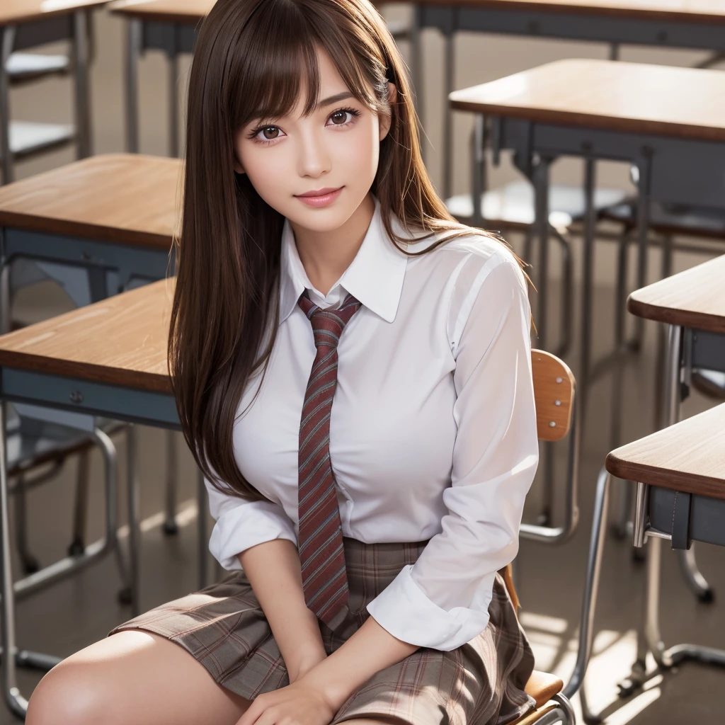 8k,best quality, masterpiece, ultra detailed, ultra high res, photorealistic, raw photo, absurdres, absolutely resolution, 1girl, full body, looking at viewer,a Japanese young pretty woman, hyper cute face, glamorous figure, large breasts,long bob hair,smile,(school uniform:1.3),beautiful eyes, ,windy, (I'm sitting in a chair in a classroom:1.3),glossy lips, double eyelids in both eyes, natural makeup, long eyelashes, shiny smooth light brown long bob hair, asymmetrical bangs, shiny skin, central image, high resolution, high detailing, detailed hairstyle, detailed face, spectacular movie lighting, octane rendering, vibrant, hyper realistic, perfect limbs, perfect anatomy
