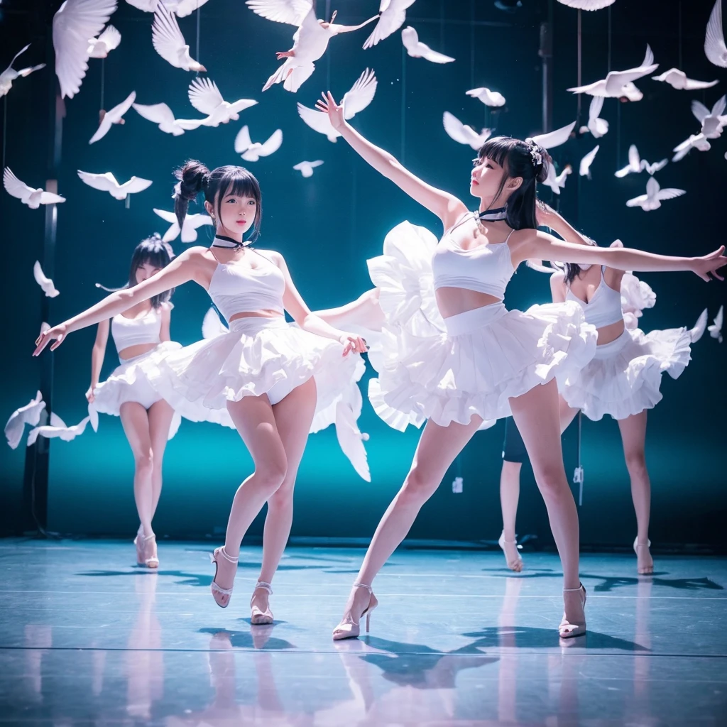 3 people、y cute Japanese beauty、perform synchronized dance、Surreal and dreamlike environments。The scene captures their choreography with bird's-eye views and wide shots.、It's harmonious and smooth。The lighting is blue and purple、It enhances the dreamlike atmosphere of this scene.。