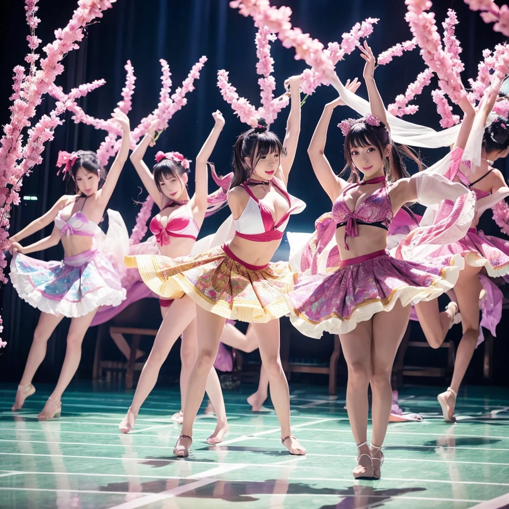 3 people、Sexy cute Japanese beauty、perform synchronized dance、Surreal and dreamlike environments。The scene captures their choreography with bird's-eye views and wide shots.、It's harmonious and smooth。The lighting is blue and purple、It enhances the dreamlike atmosphere of this scene.。