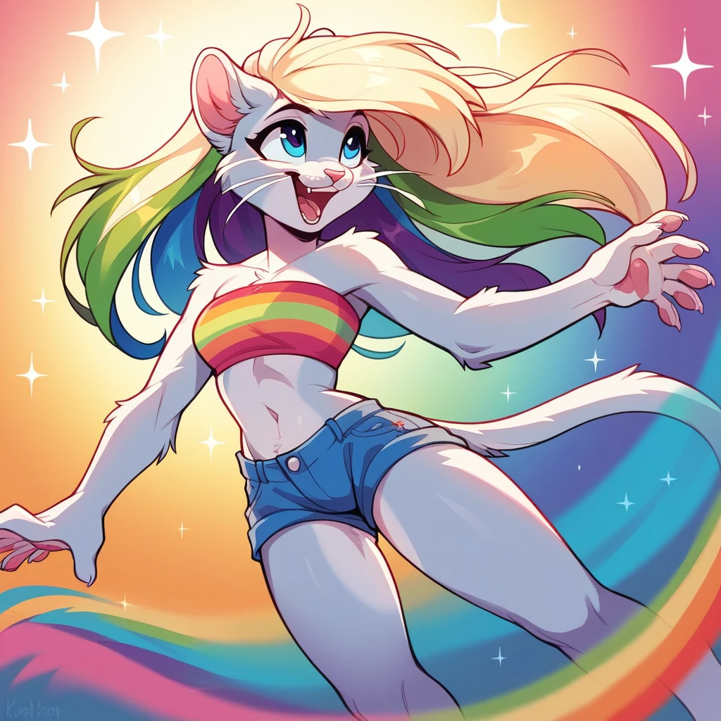 score_9,score_8_up,score_7_up, source_cartoon, source_furry, Kat, a cute Anthro furry feline girl, tall body, hourglass figure, adult female, blue eyes, :3, silver fur, long blonde hair, rainbow highlights in hair, white whiskers, pink nose, wearing rainbow bandeau, white short shorts, dancing, looking amazed, eyes sparkling, at a colorful parade, outdoors, looking up, laughing, in a bright vibrant city