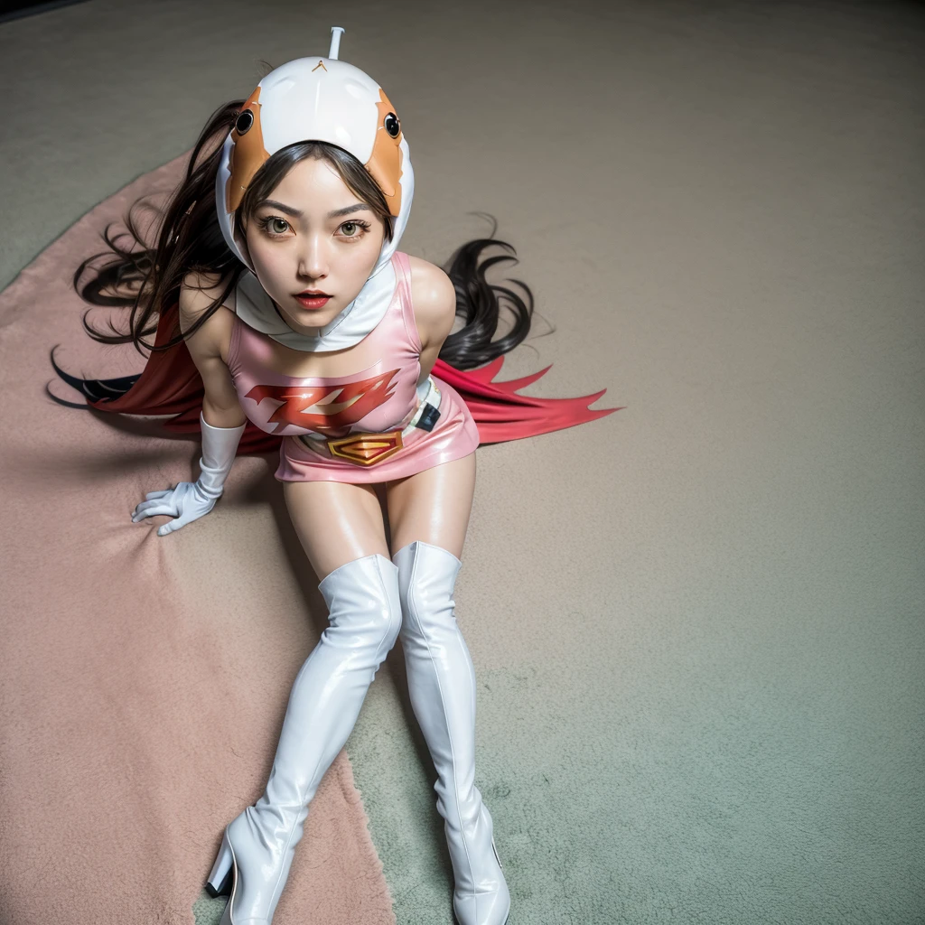 ANI_CLASSIC_jun_gatchaman_ownwaifu,1girl, ,good anatomy, masterpiece, best quality,realistic, hyperrealistic, 16k hdr, long hair,breasts,green eyes,lips,large breasts,lipstick,makeup,gloves,cape,helmet,belt,elbow gloves,white gloves,mask,ultra miniskirt,leotard,spacesuit,white tight overknee highheels boots,pink dress,superhero,bodysuit,cleavage,erected nipples,(lying flat poses, view from above),cameltoe