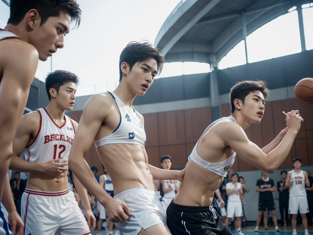 handsome face detail,Korean guy skinny thin like a boy., wearing bikini brown underwear playing basketball with group of friends, have an audiences wearing uniforms in amphitheatre ,