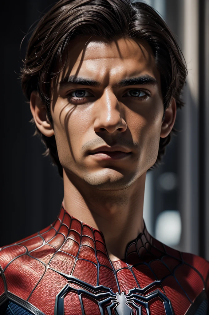 A photograph of Spider-Man., sin mascara, the 20s, elegant, detailed face, looking to the camera, portrait, 8k hd, high quality